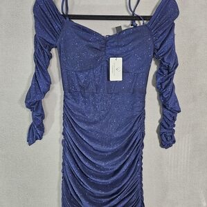 NWT Windsor Dance Prom Mini Dress Sheer Ruched Cold Shoulder Navy Glitter Small